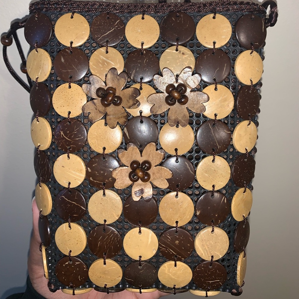 Tan/brown wooden floral detailed purse from India